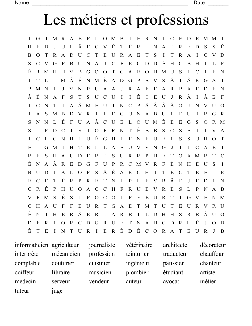 Les métiers et professions Word Search