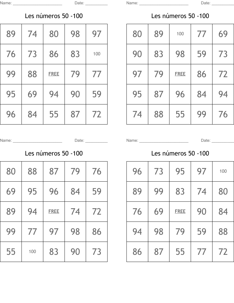 Les números 50 -100 Bingo Cards