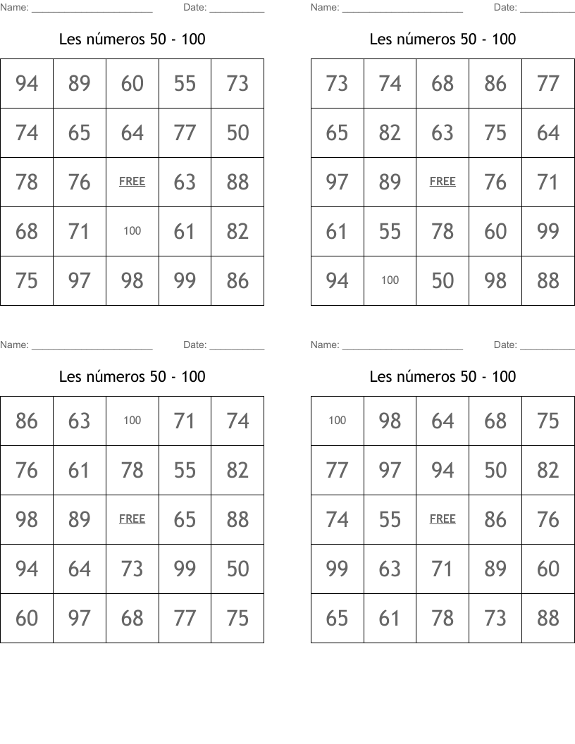 Les números 50 - 100 Bingo Cards