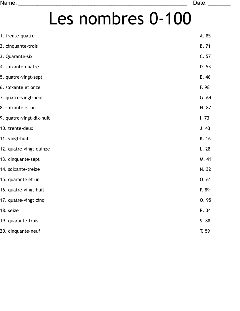 Les nombres 0-100  Worksheet