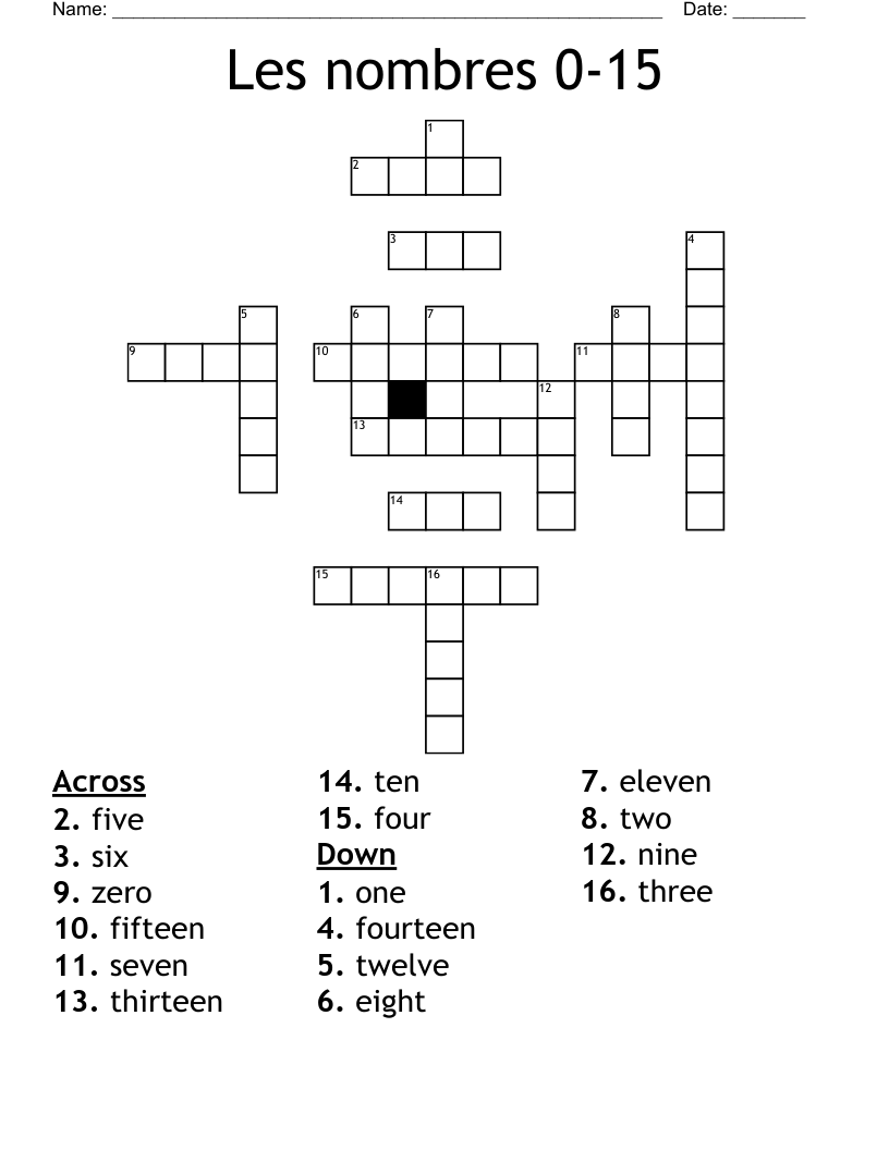 Les nombres 0-15 Crossword