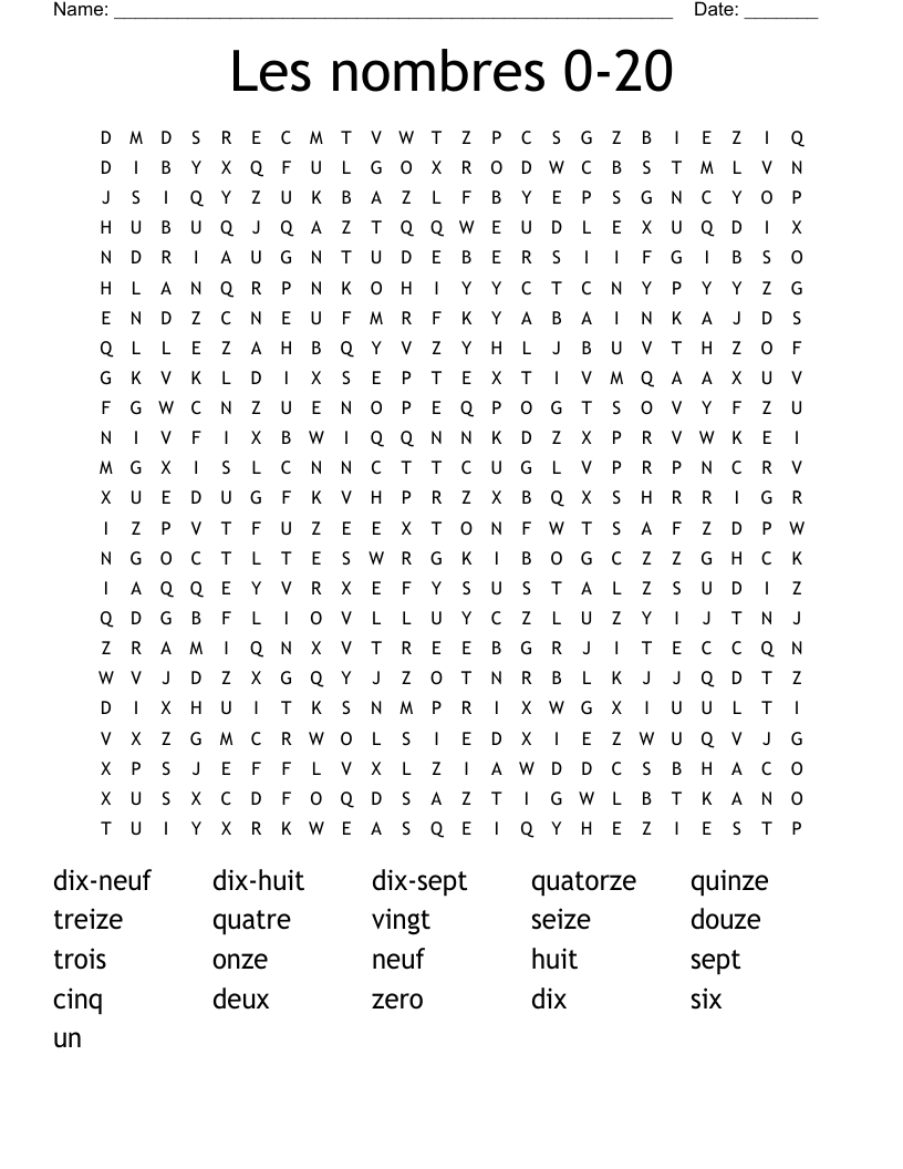 Les nombres 0-20 Word Search