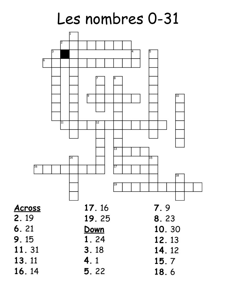 Les nombres 0-31 Crossword