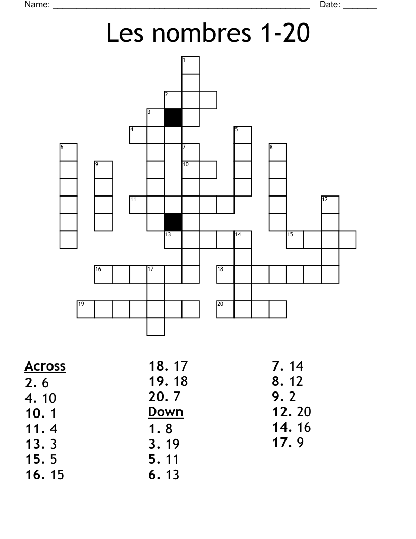 Les nombres 1-20 Crossword