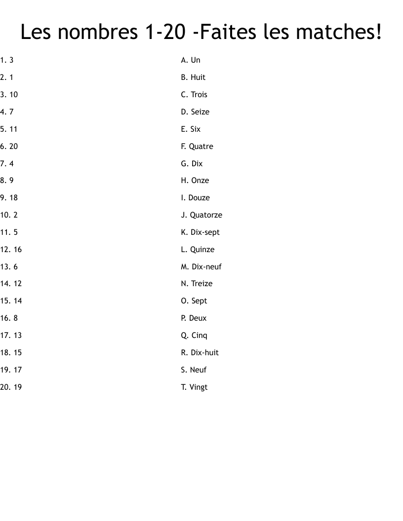 Les nombres 1-20 -Faites les matches! Worksheet