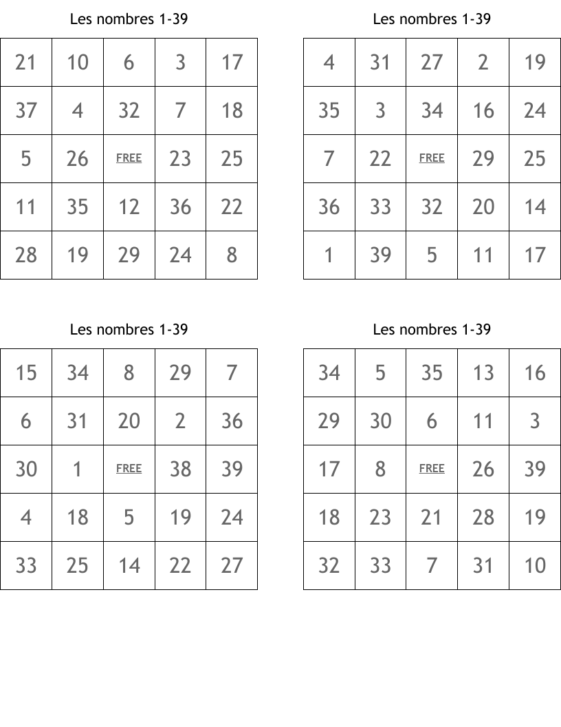 Les nombres 1-39 Bingo Cards
