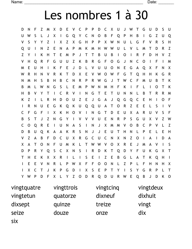 Les nombres 1 à 30 Word Search