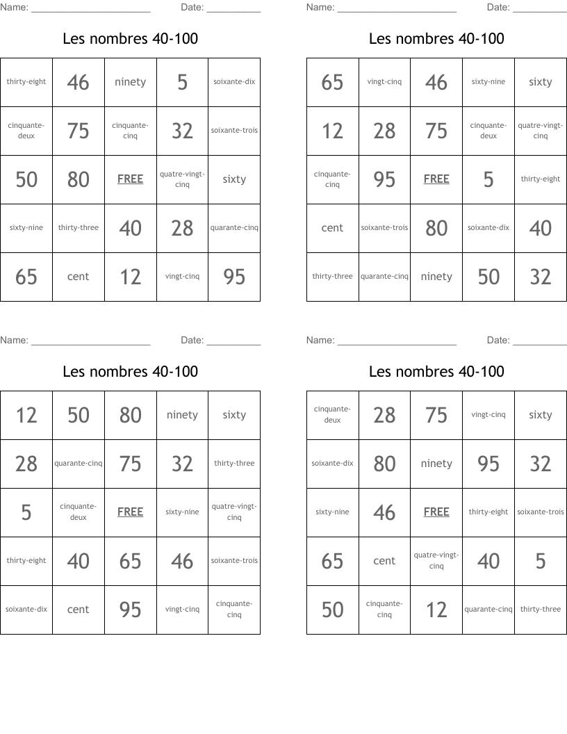 Les nombres 40-100 Bingo Cards