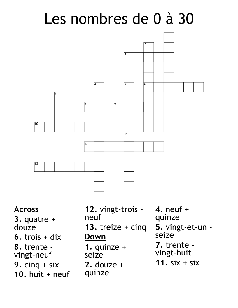 Les nombres de 0 à 30  Crossword