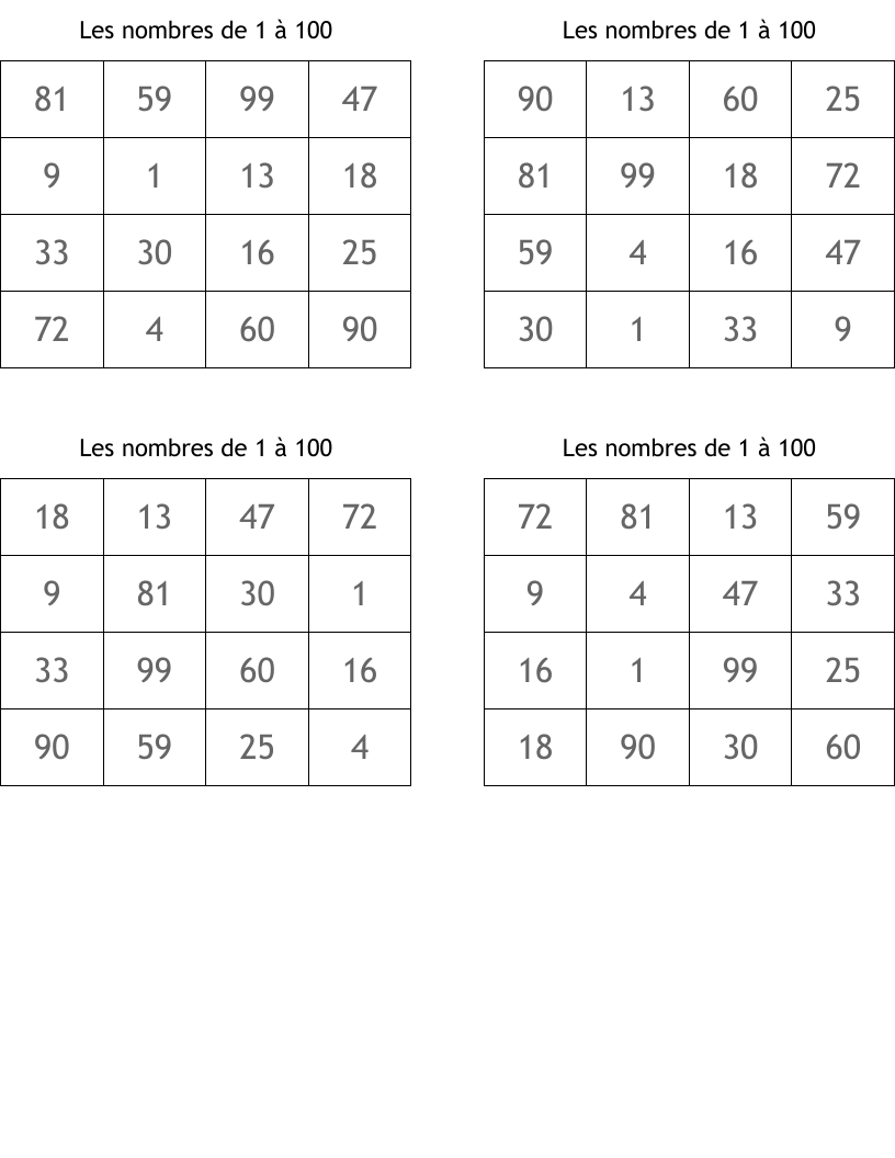 Les nombres de 1 à 100 Bingo Cards