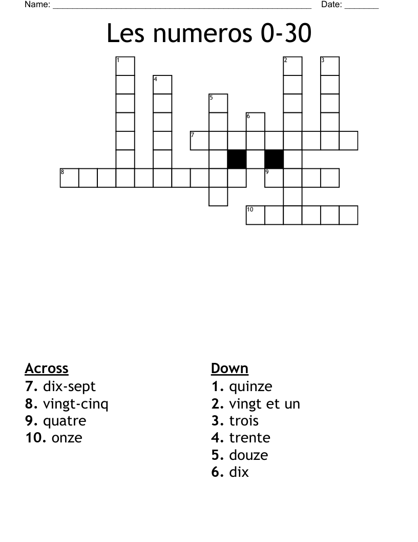 Les numeros 0-30 Crossword