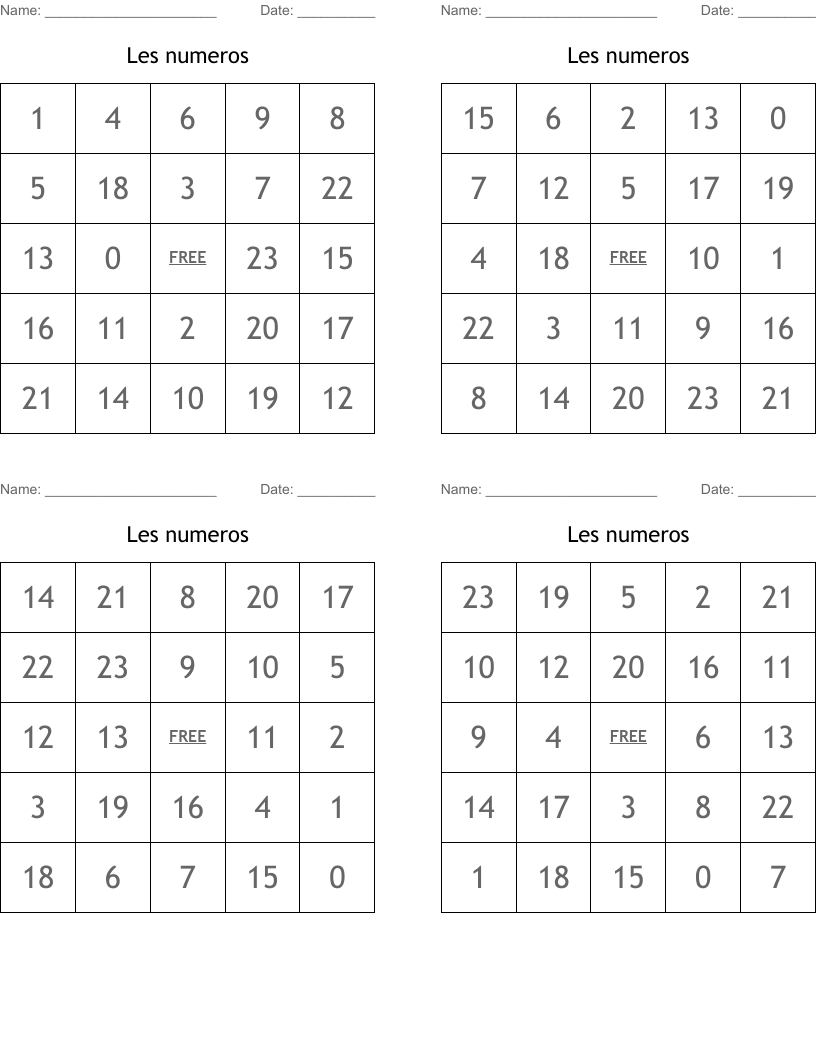 Les numeros Bingo Cards