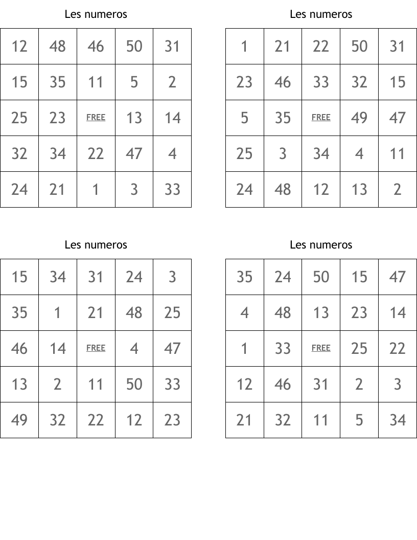 Les numeros  Bingo Cards