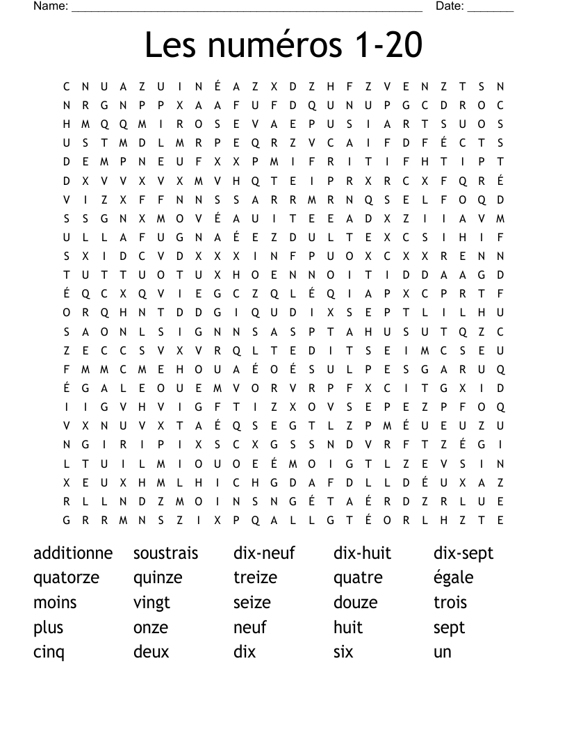 Les numéros 1-20 Word Search