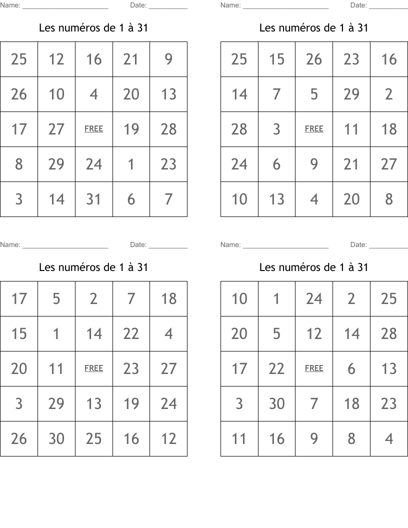 Les numéros de 1 à 31 Bingo Cards