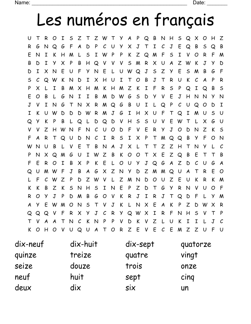 Les numéros en français Word Search
