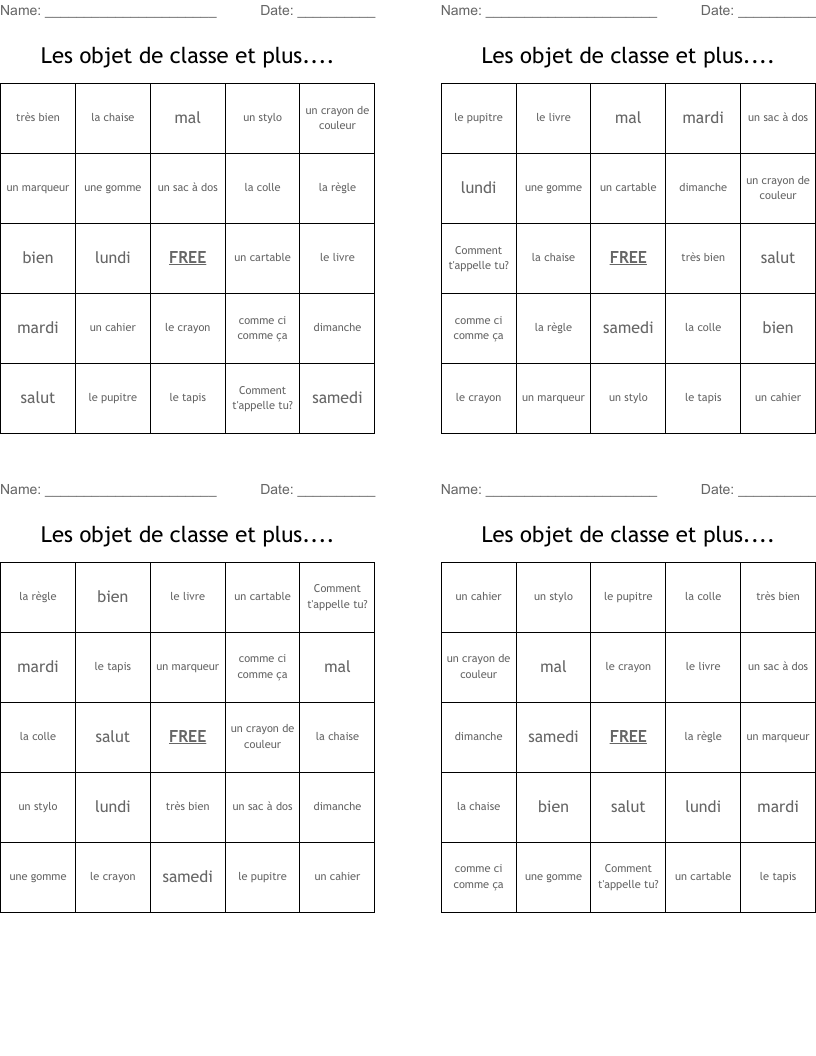 Les objet de classe et plus.... Bingo Cards