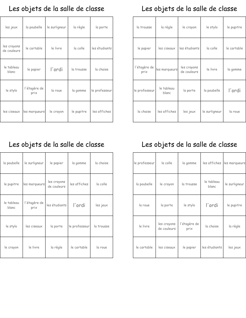 Les objets de la salle de classe Bingo Cards