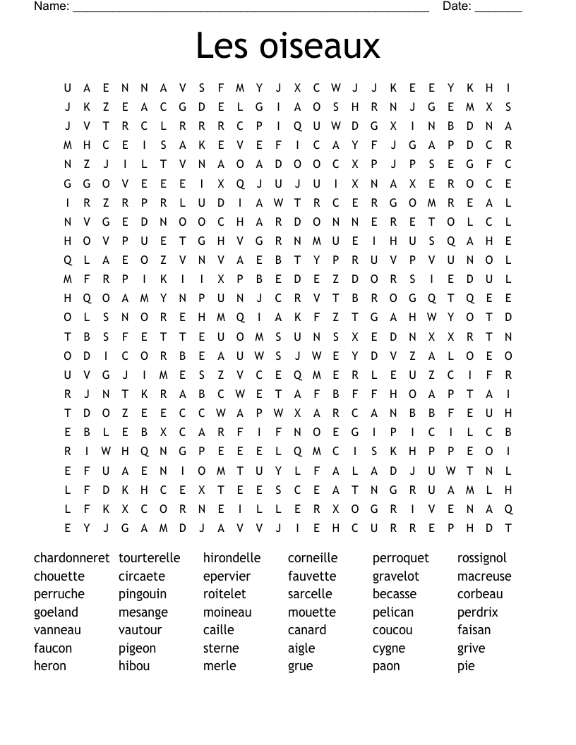 Les oiseaux Word Search