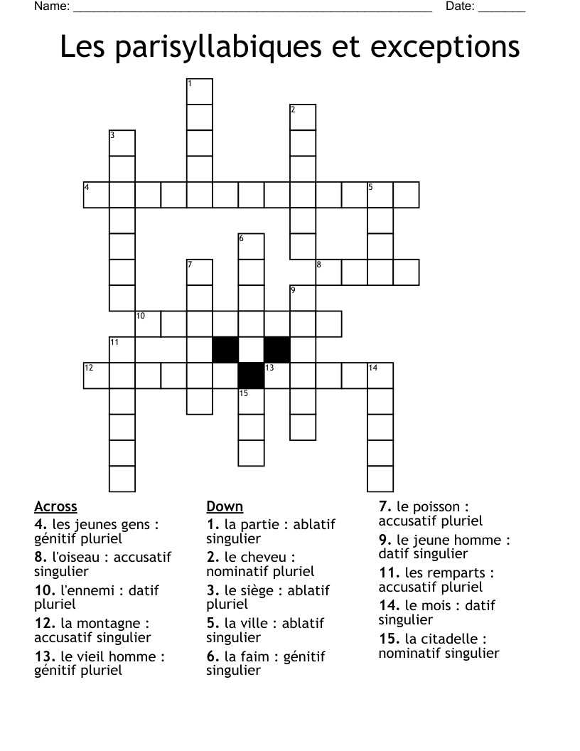 Les parisyllabiques et exceptions Crossword