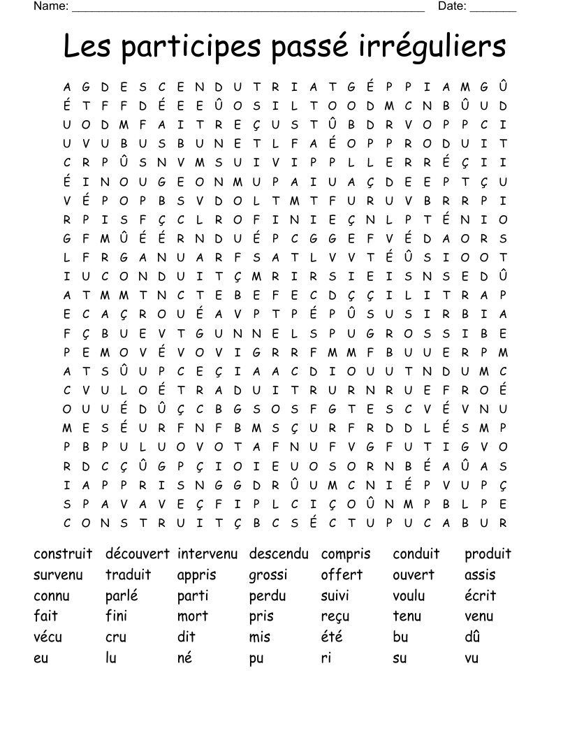 Les participes passé irréguliers  Word Search