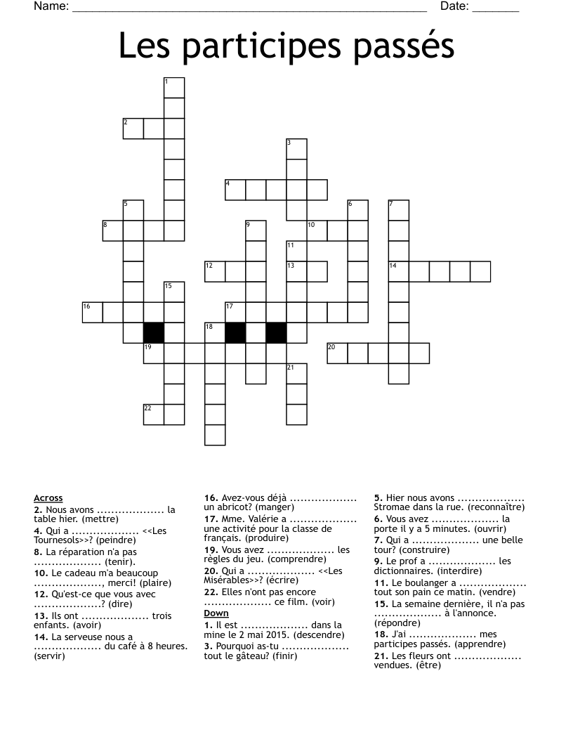 Les participes passés Crossword