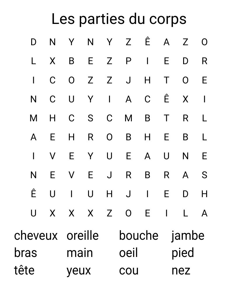 Les parties du corps Word Search