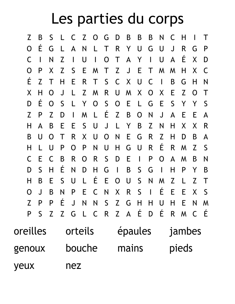 Les parties du corps Word Search