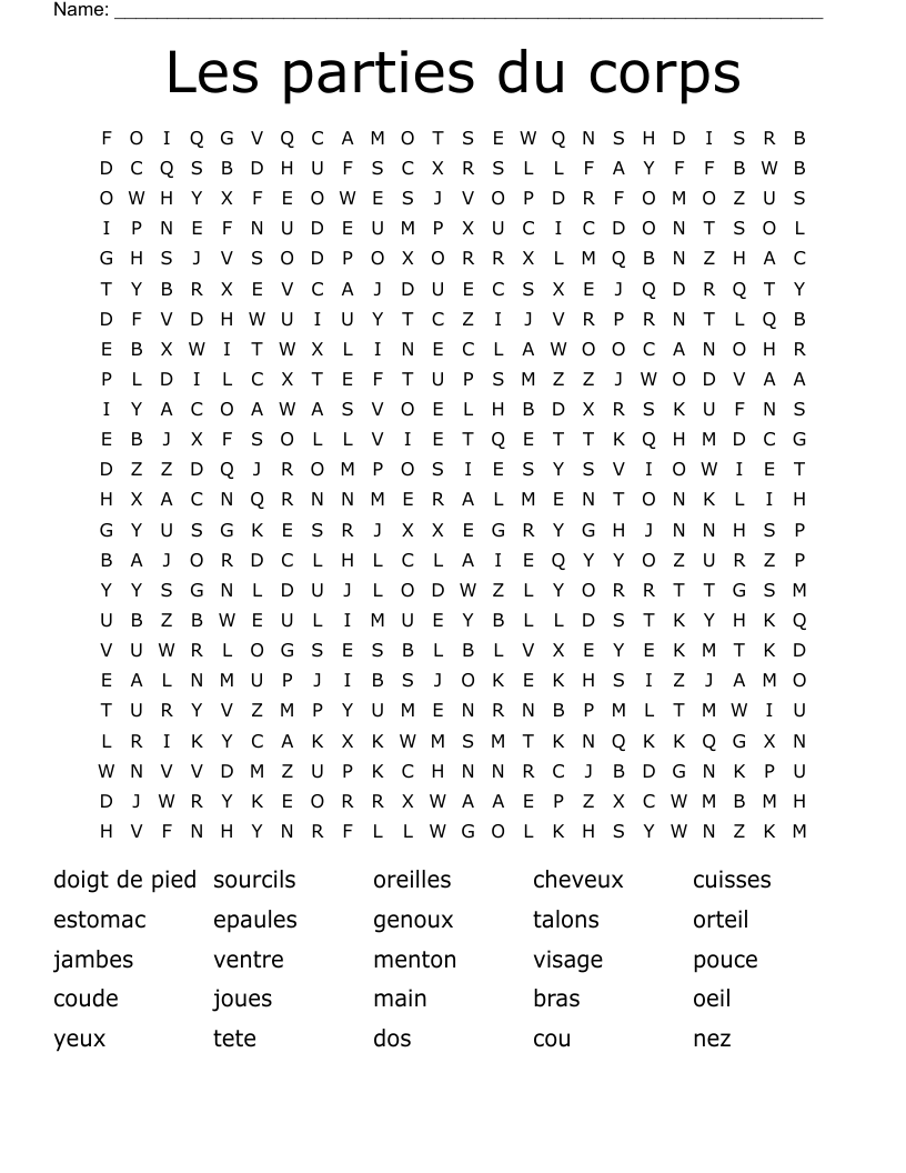 Les parties du corps Word Search