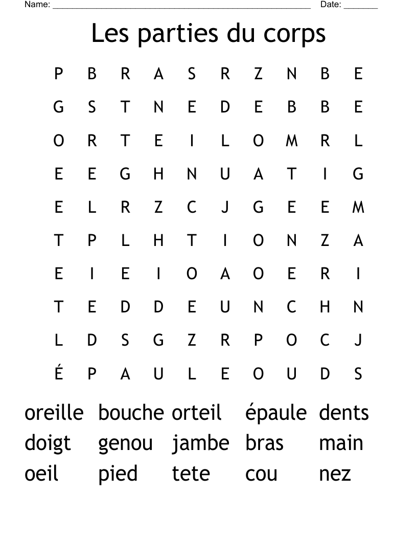Les parties du corps Word Search