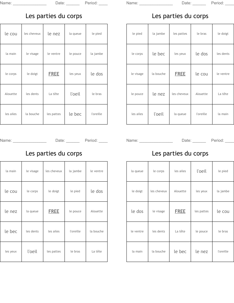 Les parties du corps Bingo Cards