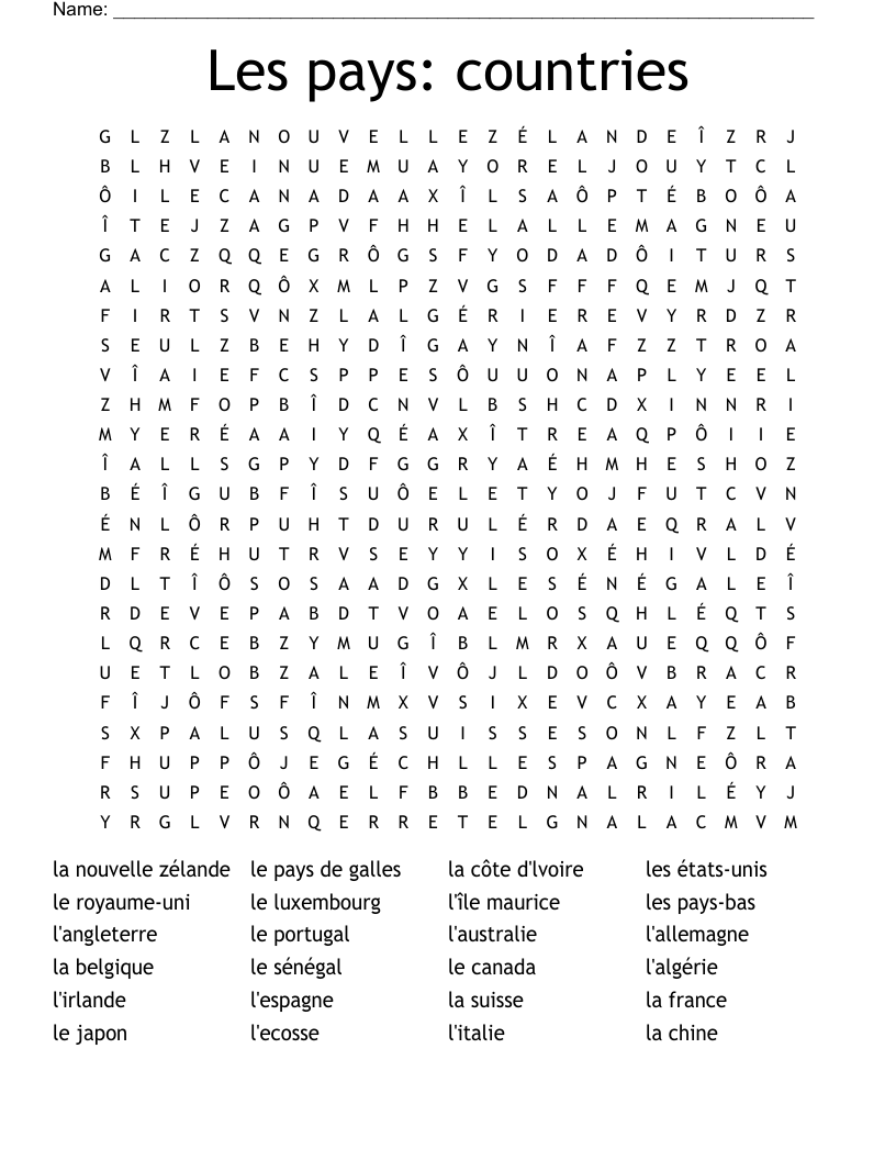 Les pays: countries Word Search