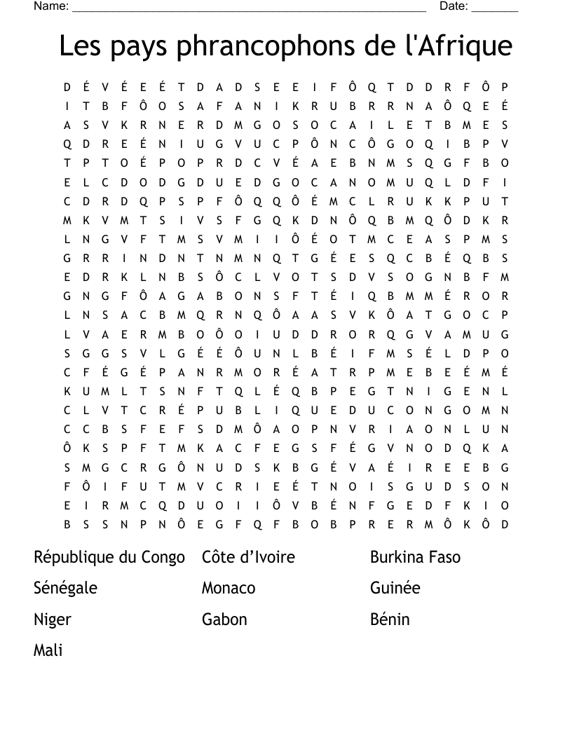 Les pays phrancophons de l'Afrique Word Search