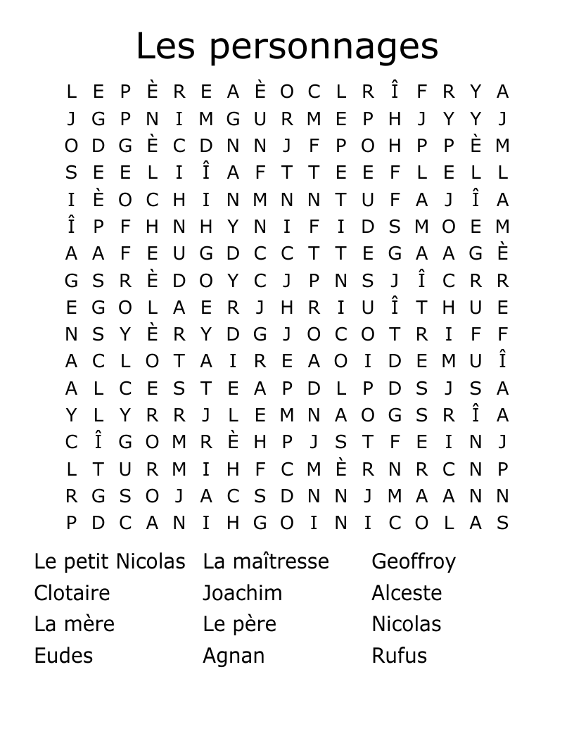 Les personnages Word Search