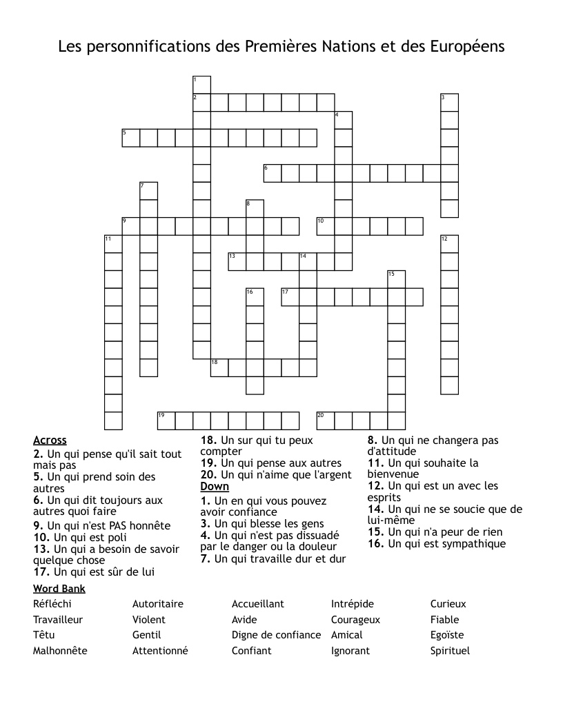 Les personnifications des Premières Nations et des Européens Crossword