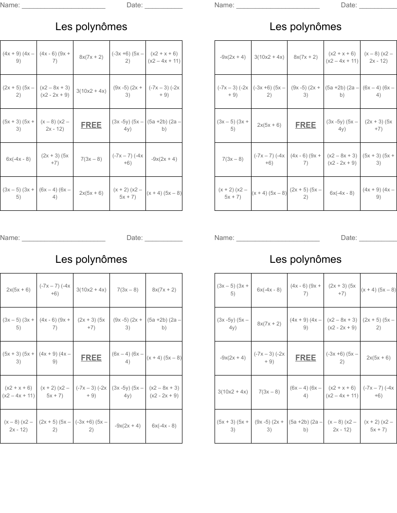 Les polynômes Bingo Cards