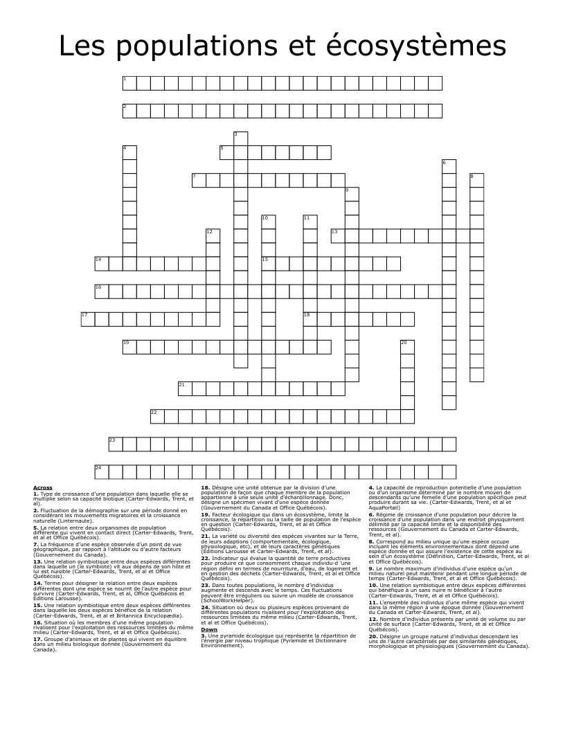 Les populations et écosystèmes Crossword