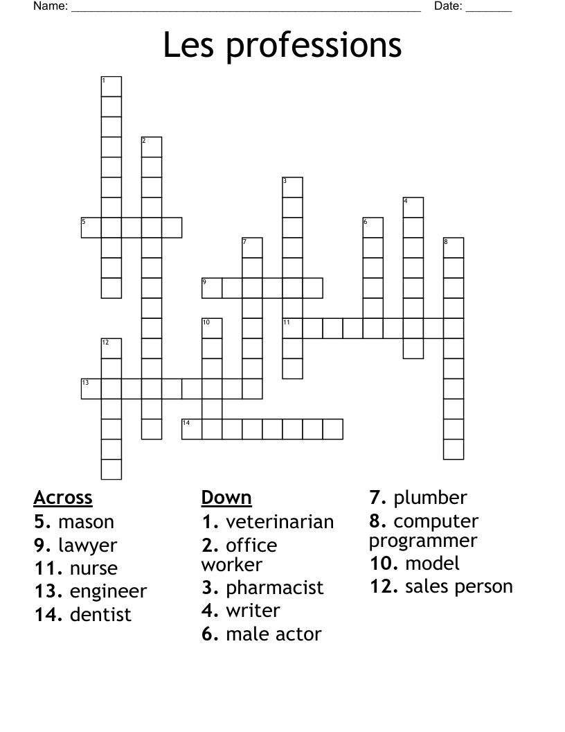 Les professions Crossword