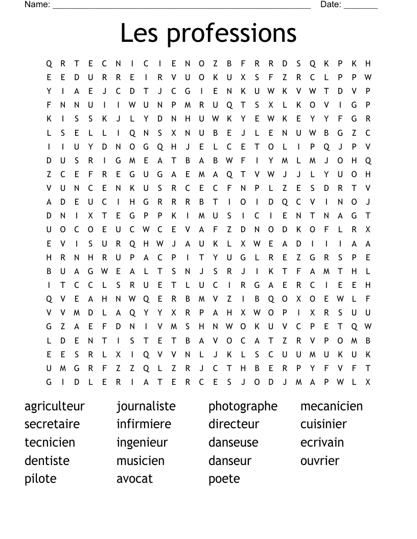 Les professions Word Search