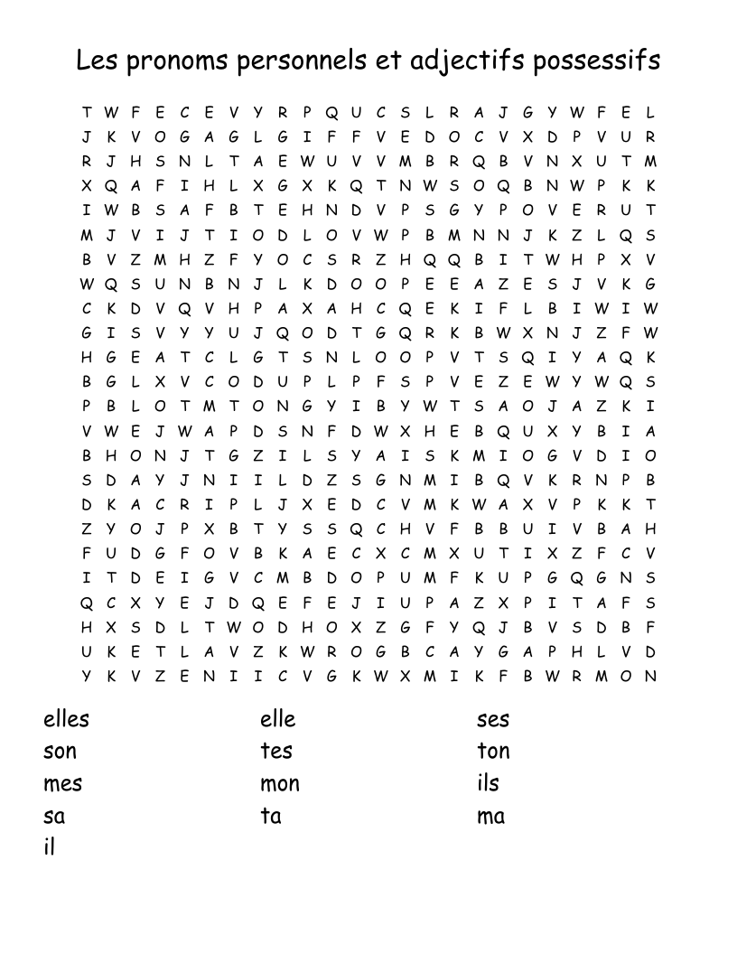 Les pronoms personnels et adjectifs possessifs Word Search