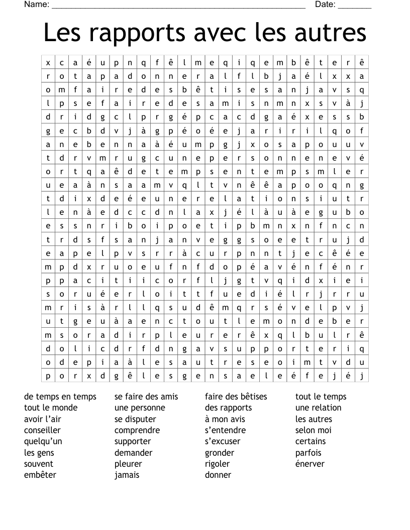 Les rapports avec les autres Word Search