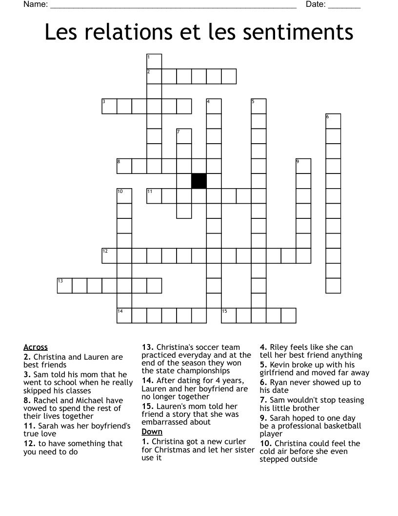 Les relations et les sentiments  Crossword