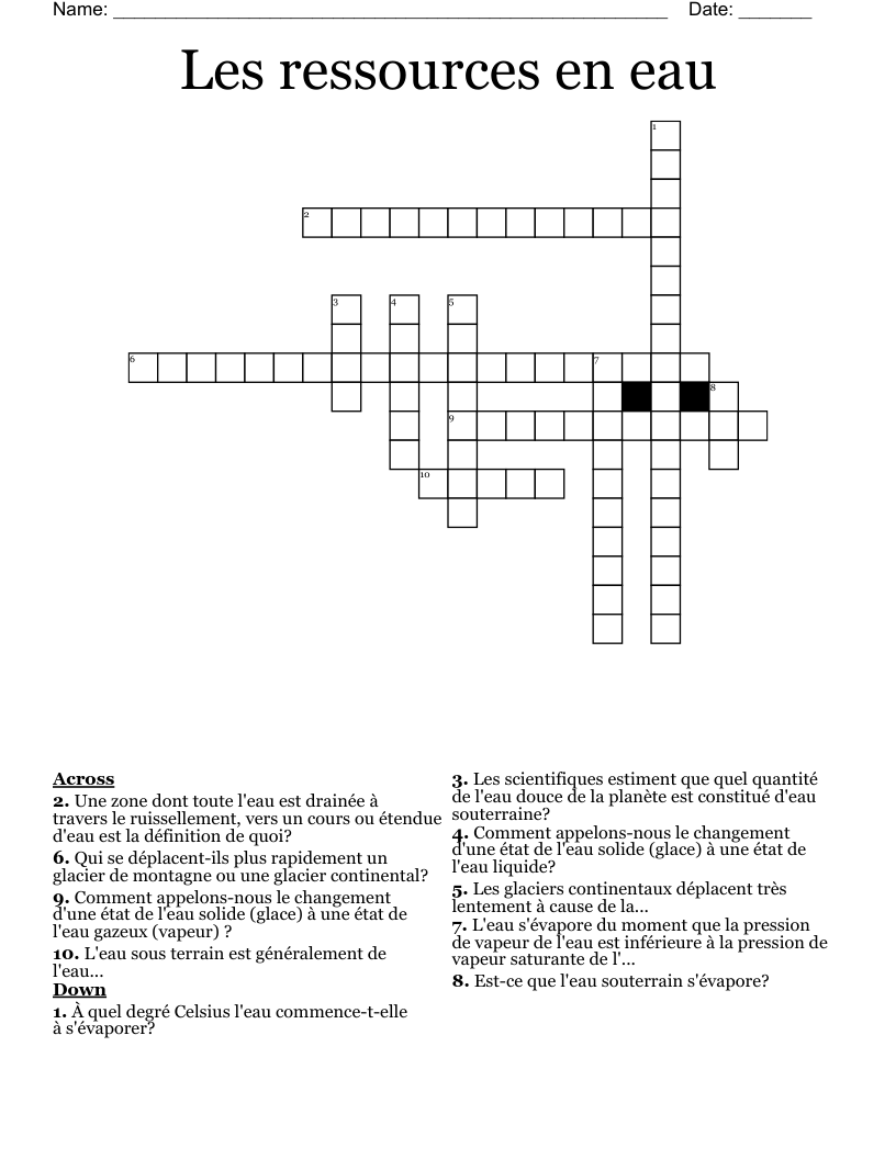 Les ressources en eau Crossword