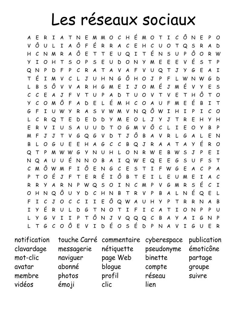 Les réseaux sociaux Word Search