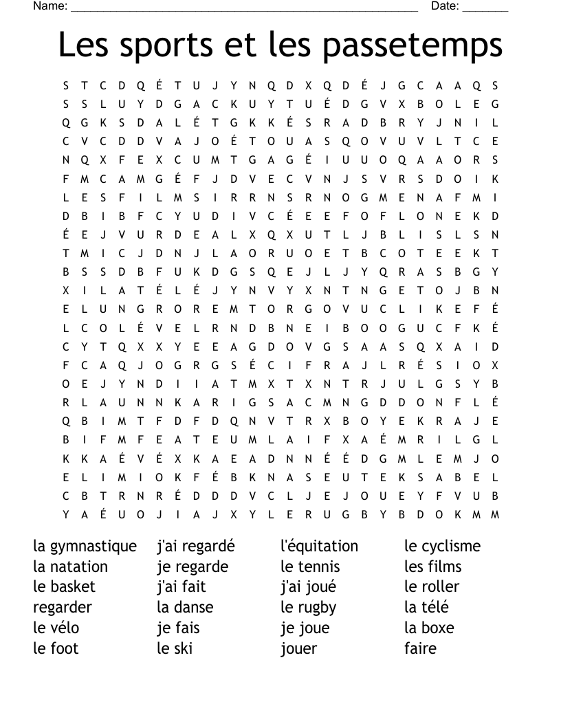 Les sports et les passetemps Word Search