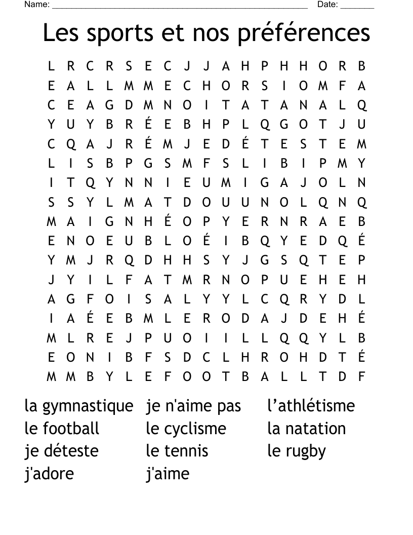 Les sports et nos préférences Word Search