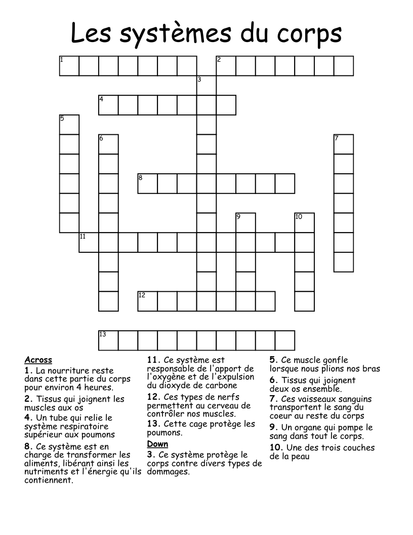 Les systèmes du corps Crossword