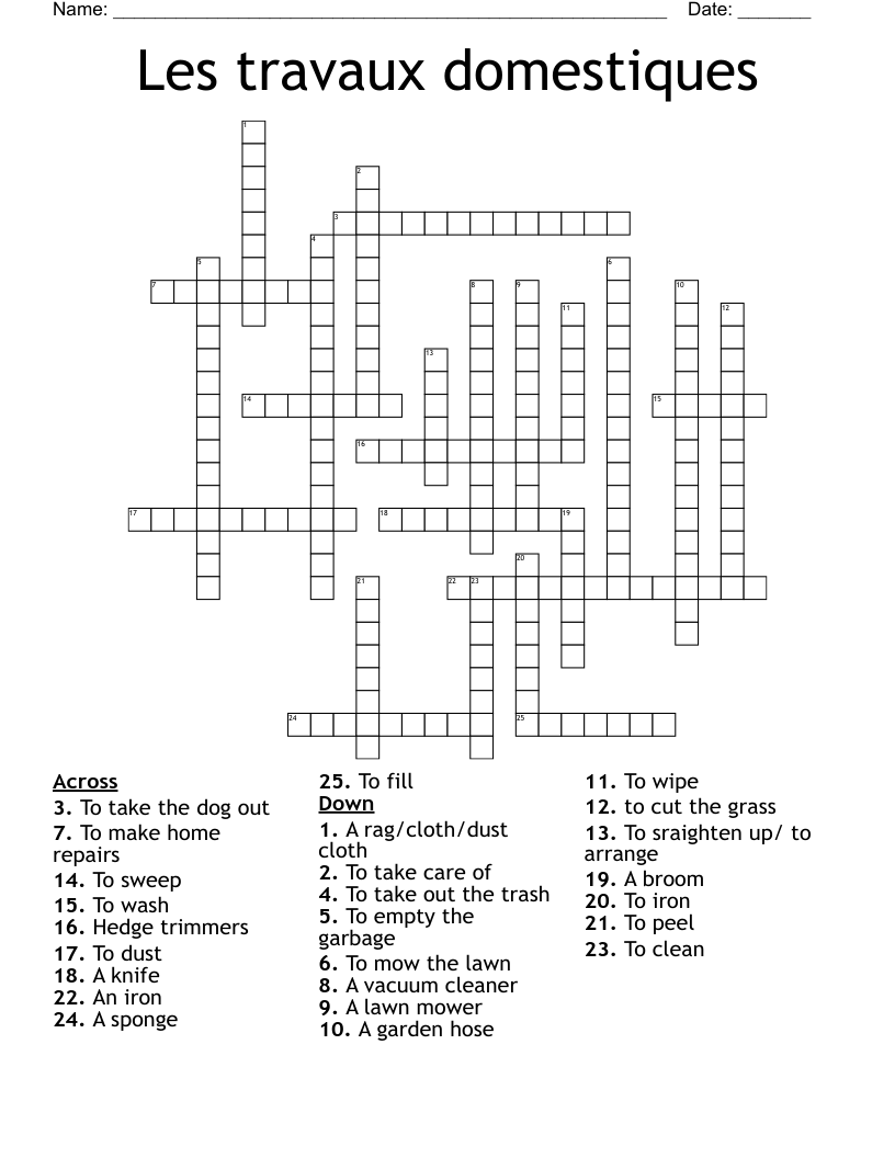 Les travaux domestiques Crossword