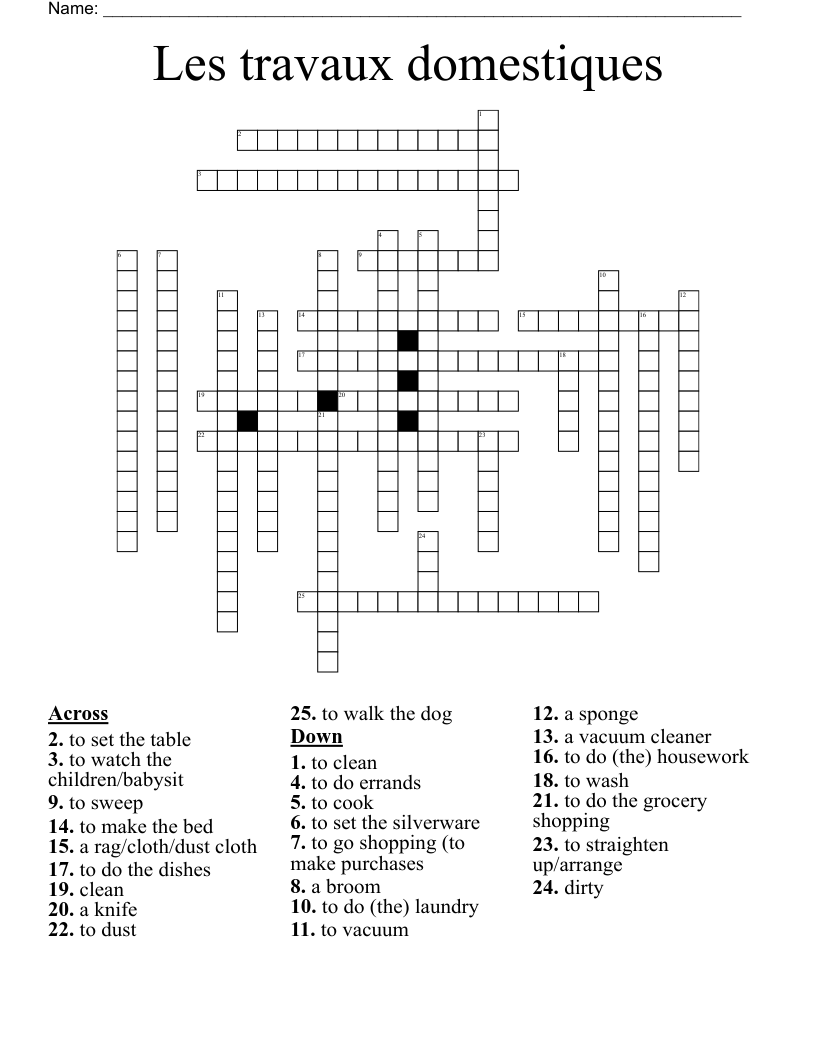 Les travaux domestiques Crossword