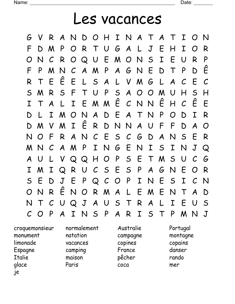 Les vacances Word Search